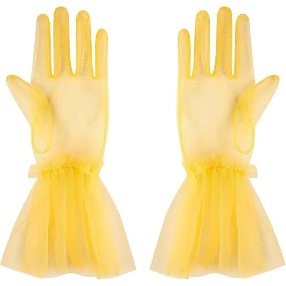 Women's Puffy Ruffle Yellow Tulle Sheer Mesh Party Prom One Size Short Gloves